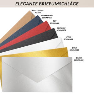 May include: A selection of elegant envelopes in various colors, including kraft paper, navy blue, red, black, white, gold, and silver. The envelopes have a shimmer finish and are arranged in a fan shape. The text "ELEGANT ENVELOPES" is at the top.