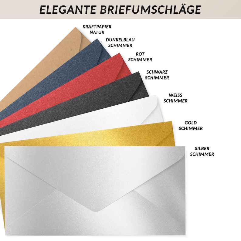 May include: A selection of elegant envelopes in various colors, including kraft paper, navy blue, red, black, white, gold, and silver. The envelopes have a shimmer finish and are arranged in a fan shape. The text "ELEGANT ENVELOPES" is at the top.