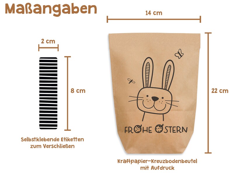 6 Easter bags Happy Easter with stickers for closing kraft paper 2 sizes 14x22 cm