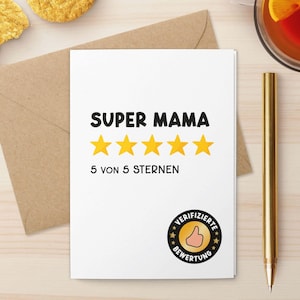 Grußkarte "Super Mama" – 5 Sterne Karte zum Muttertag, Geburtstag oder Danke sagen – Klappkarte mit Umschlag – Made in Germany