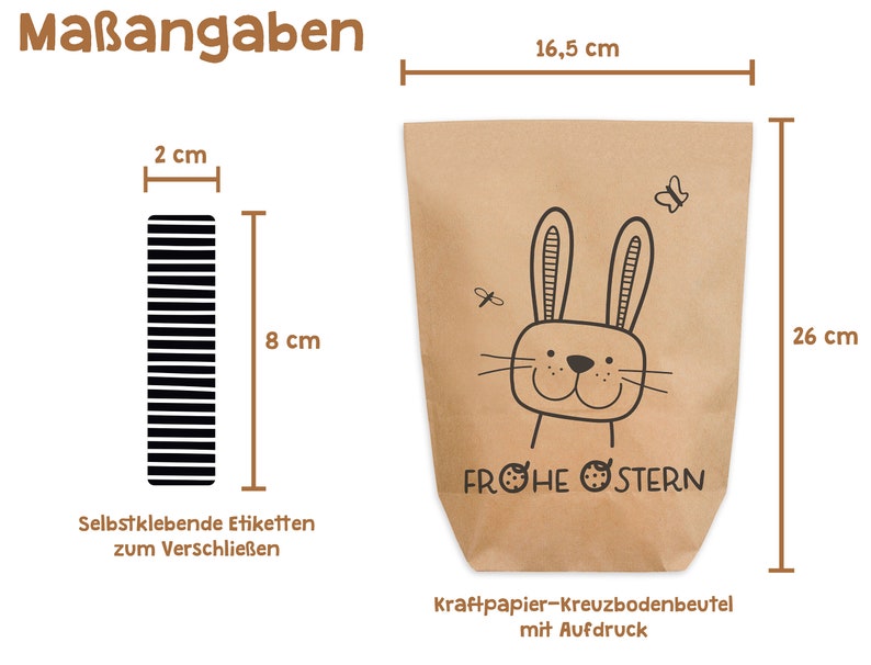 6 Easter bags Happy Easter with stickers for closing kraft paper 2 sizes 16,5x26 cm