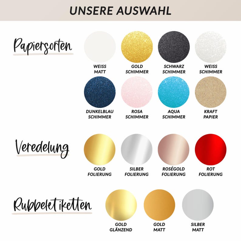 May include: A color chart with the text "UNSERE AUSWAHL" at the top. The chart displays various paper types, finishes, and label options. Colors include white, gold, black, blue, pink, aqua, and kraft paper. Finishes include gold, silver, rose gold, and red foil.