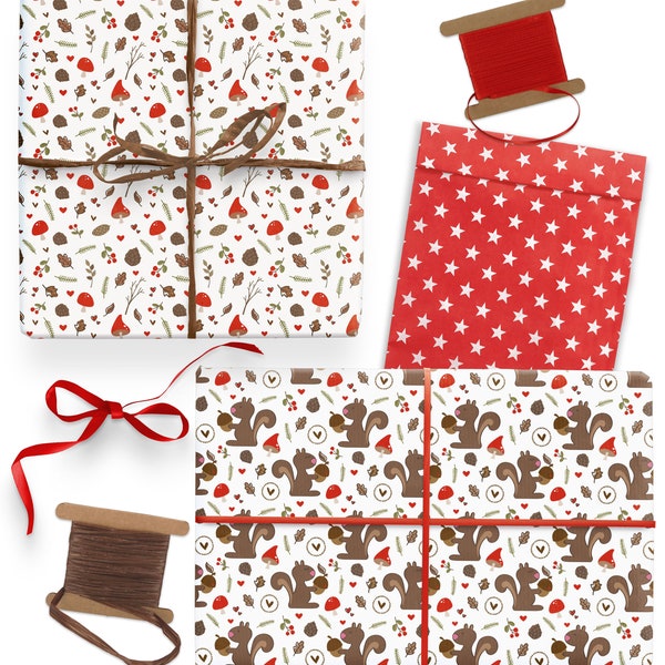 Geschenkpapier Weihnachten komplett mit Geschenkband und Geschenktüten Weihnachtspapier Squirrel Eichhörnchen