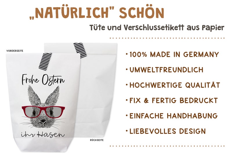 6x Ostertüte Frohe Ostern Ihr Hasen mit Aufkleber zum Verschließen 6 Stück Kraftpapiertüten Bild 2