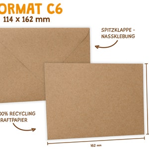 May include: A brown paper envelope with a flap on the top. The envelope is 114 x 162 mm and is made from 100% recycled kraft paper. The text "SPITZKLAPPE - NASSKLEBUNG" is printed on the envelope.