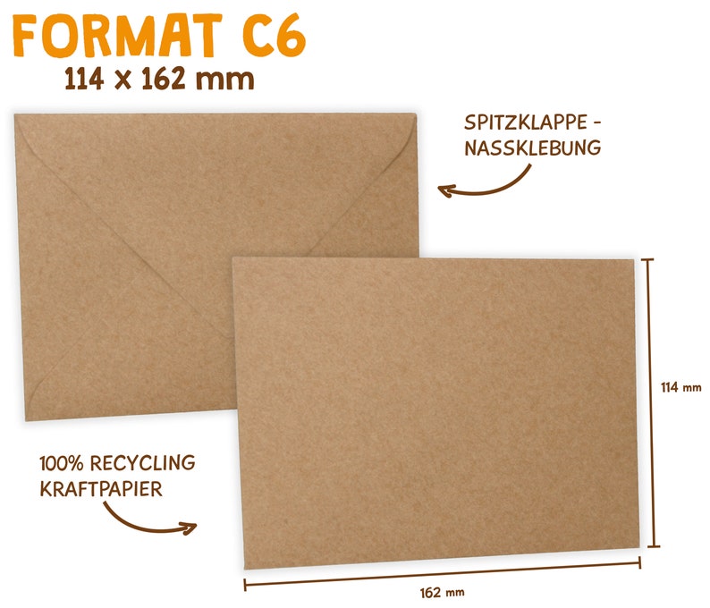 May include: A brown paper envelope with a flap on the top. The envelope is 114 x 162 mm and is made from 100% recycled kraft paper. The text "SPITZKLAPPE - NASSKLEBUNG" is printed on the envelope.