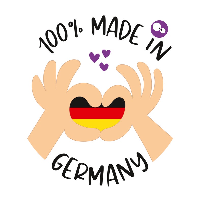 May include: Two hands forming a heart shape with the German flag inside. The text "100% MADE IN GERMANY" is written around the hands. There are three purple hearts above the hands.