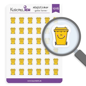 Könnte beinhalten: Eine Bogen mit 36 gelben Mülleimer-Stickern mit einem lächelnden Gesicht. Die Sticker sind mit "Ministicker - gelbe Tonne - 1016" und "www.kuschelich.de" beschriftet.