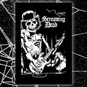 May include: Black and white graphic featuring a skeleton playing an electric guitar. The skeleton wears a bowler hat and is labeled "Screaming Dead" in gothic lettering. The image has a dark, edgy aesthetic.