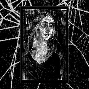 May include: Black and white portrait of a woman with long hair, framed in a black rectangle. The artwork has a textured, sketched appearance. The background is black with white, web-like lines.