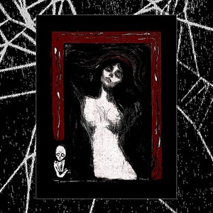 May include: A black and white print of a woman with long dark hair, framed in red, with a small figure in the lower left corner. The background features a spiderweb design.