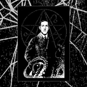 May include: Black and white image of a man in a suit with a pentagram behind him. He is holding a large octopus.