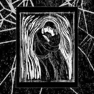 May include: A black and white woodcut print showing two figures in an embrace. The image is framed, with a background of white lines on black. The artwork conveys a sense of closeness and emotion, typical of this style.