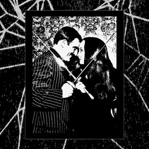 May include: A black and white photo of a couple holding swords, the man is wearing a striped suit and the woman has long hair.