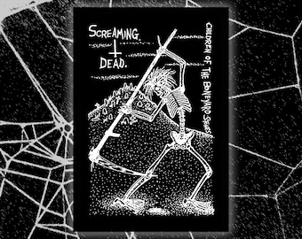 May include: Black and white illustration featuring a skeleton figure with a scythe, set against a graveyard backdrop. The text "Screaming Dead" and "Children of the Boneyard Stares" are also included. The image has a grunge aesthetic.