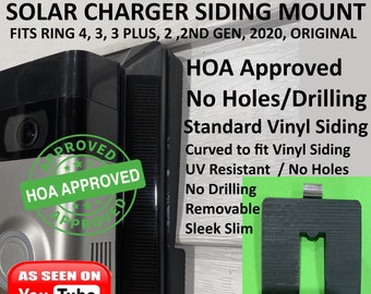 HOA approved NO HOLES No Drilling No Screws Solar Charger mount fits 3, Video Doorbell 3 Plus, 4, and Battery Doorbell Plus on Vinyl siding