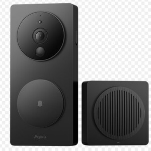 May include: A black smart video doorbell system with a rectangular main unit and a square chime unit. The main unit has a camera, a speaker, and a doorbell button. The chime unit has a circular speaker grill. The brand name "Aqara" is printed on the main unit.