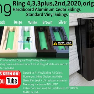 May include: A set of five rectangular doorbell mounting brackets in black, beige, white, brown, and silver. The text reads Ring 4, 3, 3plus, 2nd, 2020, original, Hardiboard Aluminum Cedar Sidings, Standard Vinyl Sidings, and MOUNT ONLY.