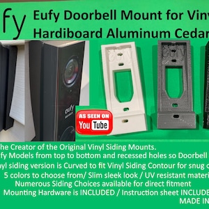 EUFY 2k 1080p C210 S220 Lorex/ Vivint/ Aosu Doorbell Mount for Vinyl, Hardi board, Aluminum, Cedar [Choose Siding] [5 colors]