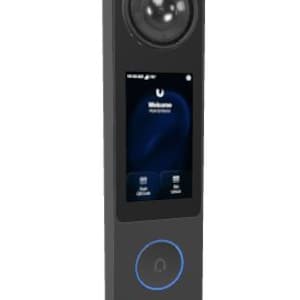May include: A black rectangular device with a large circular lens at the top and a screen displaying the word "Welcome". The device has a blue circular button and a perforated bottom section. It appears to be a smart home device.