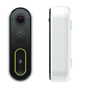 May include: A black and white doorbell camera with a green button and a white doorbell chime. The camera has a lens and a speaker.