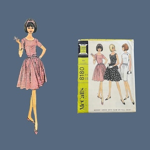 May include: Illustration of a woman in a pink checkered dress with a matching headband. Next to it is a vintage McCall's sewing pattern, number 8180, featuring dress designs with slim or full skirts.