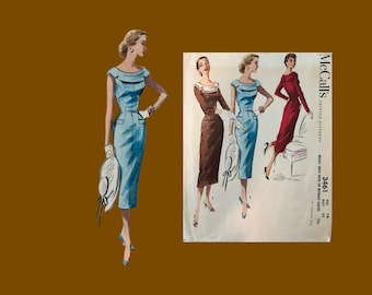 1955 Classic McCalls Pattern 3461, Misses Slender Dress, Size 14, Cut Complete