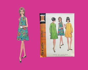 1967 Vintage McCalls 8761 A-Line Shift Dress Pattern: Misses Size 16 Cut Complete