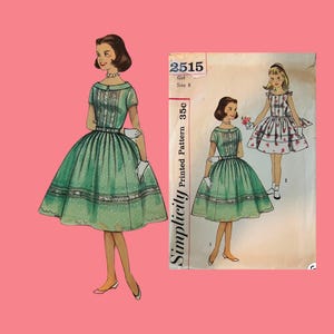 May include: A vintage Simplicity 2515 sewing pattern envelope for a girl's size 8 dress. The illustration shows two dress variations: one in solid green with a pleated bodice and white gloves, and another with a white and red floral print pattern.