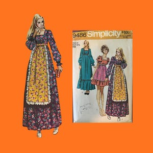 May include: A Simplicity 9486 sewing pattern envelope featuring illustrations of three floor-length dresses with square necklines and long sleeves. The designs include a solid teal dress, a red and white checkered dress, and a floral print dress.