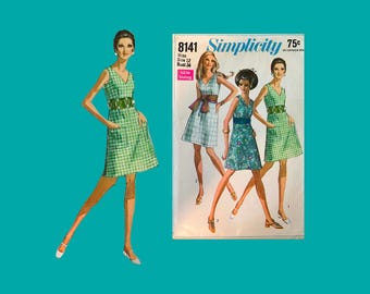 1969 Classic Simplicity Pattern #8141, V-Neck A-Line Dress three ways, Size 12, Cut complete