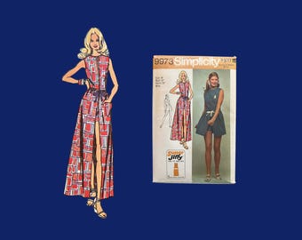 1972 Vintage Simplicity Pattern #9973 one piece Jumper with wrap skirt short or long, size 14, Cut Complete