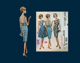 1963 Classic McCall's Pattern #7113, Low Back Cocktail Dress Slim or Full Skirt, Size 16, Cut Complete