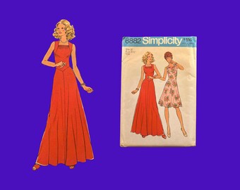 1975 Vintage Simplicity Pattern #6882 short or long dress, size 10, Factory Folds