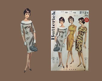 1962 Vintage Butterick Pattern #2137 Princes Sheath Dress, 3 styles, Cut Complete