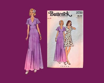 1974 Classic Butterick Pattern 3731, Fitted Inset Midriff Dress, Size 8, Cut Complete
