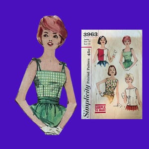 May include: A vintage Simplicity 3963 sewing pattern envelope featuring illustrations of four different sleeveless tops for junior size 13, bust 33. The pattern includes a green gingham top, a red and white color-blocked top, a floral top, and a white top.