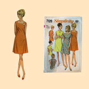 May include: A Simplicity 7120 sewing pattern envelope featuring illustrations of sleeveless dresses in solid orange, lime green, and a floral print. The envelope displays the number 7120, the brand name Simplicity, and size information for a miss size 12 bust 32.
