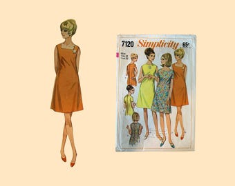 1967 Vintage Simplicity Pattern #7120, A-Line Shift Dress 3 ways, size 12, cut complete