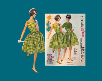 1961 Classic McCalls Pattern 6147, Sleeveless V-back Midriff Dress & Coat, Size 12, Factory Folds