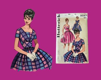 1960 Vintage Butterick Pattern #9561 Party Dress, Size 13, Factory Folds