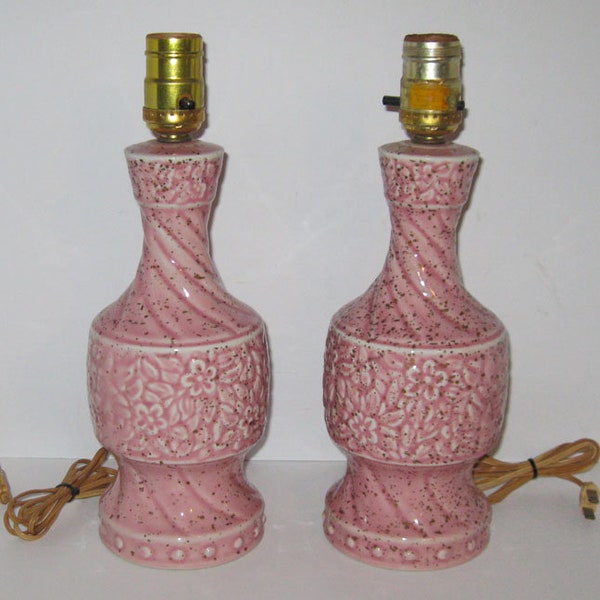 2 Vintage Pink Ceramic Bedside Boudoir Table Lamps