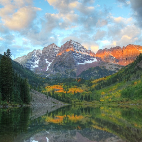 Maroon Bells Fall Sunrise 2017, Aspen, Colorado - Loose Metallic Finish Print, Aluminum Metal Print, Canvas Wrap