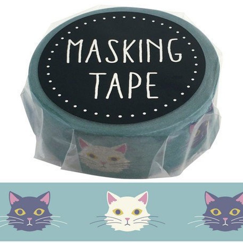 World Craft Black /& White Cat Washi Kawaii Neko Washi Made in Japan Mint Background Kitten Masking Tape