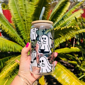 Funny Halloween Ghost Can Glass, Middle Finger Ghost Glass, Spooky Season Beer Can Glass, Iced Coffee Glass Cup With Bamboo Lid  and Straw