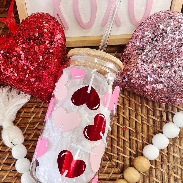 Valentine's Day Glass Lollipop Heart Iced Coffee Cup with Lid and Straw Valentine's Can Glass Valentine's Gift Gift for Her