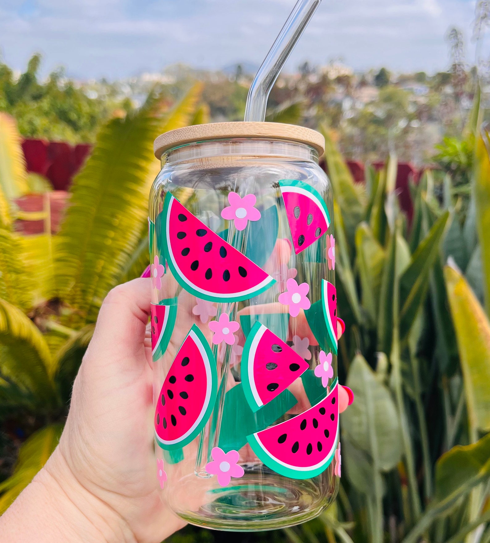 Watermelon Can Glass with Lid and Straw