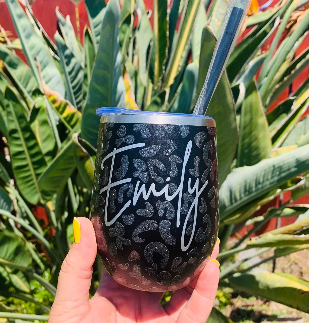 Matte Black Wine Tumbler With Glitter Leopard Print 12oz Leopard Wine
