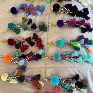 Boho Bag Charm, Bag Charm with Tassels, Pom pom bag Charm, Tassel keychain, PomPom key charm, Large Tassel Keychain, Women&#39;s accessories