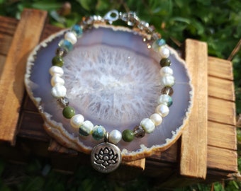 Peaceful Growth Bracelet with Lotus Flower, Pearls, and Green Jasper